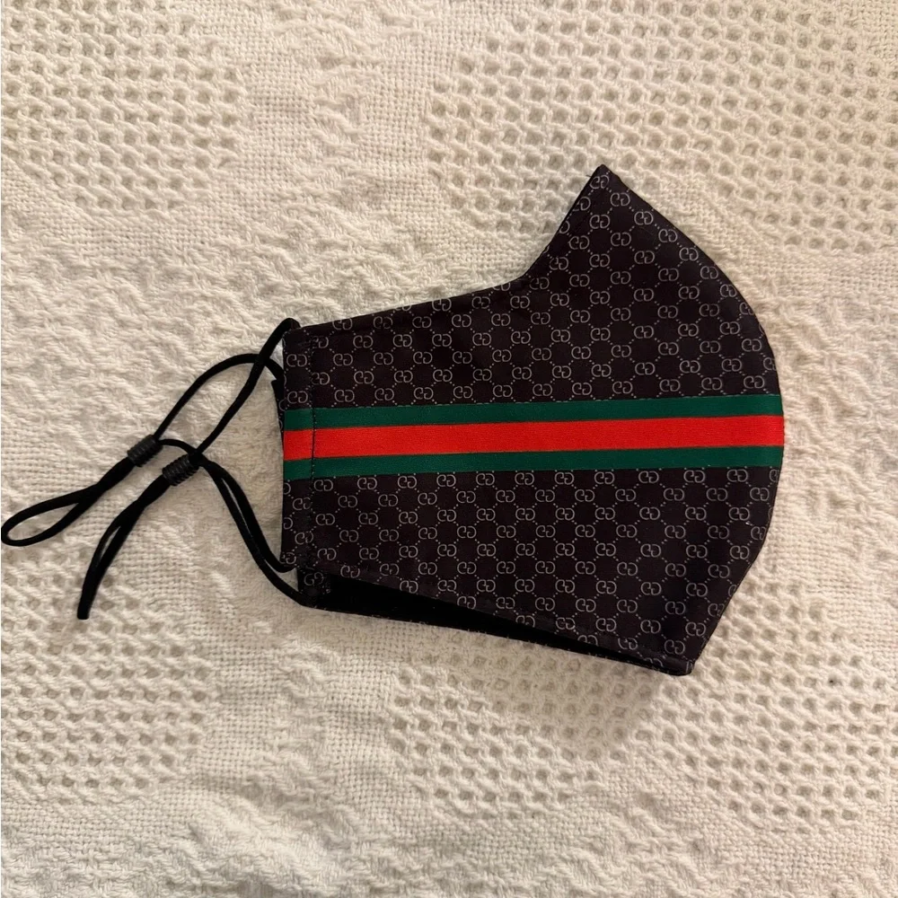 Designer-Inspired Black Face Mask with Yellow Accent and Green-Red Stripe